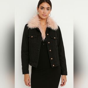 SHACI, Black Jean Jacket Removable fur collar, Size  XS Boho